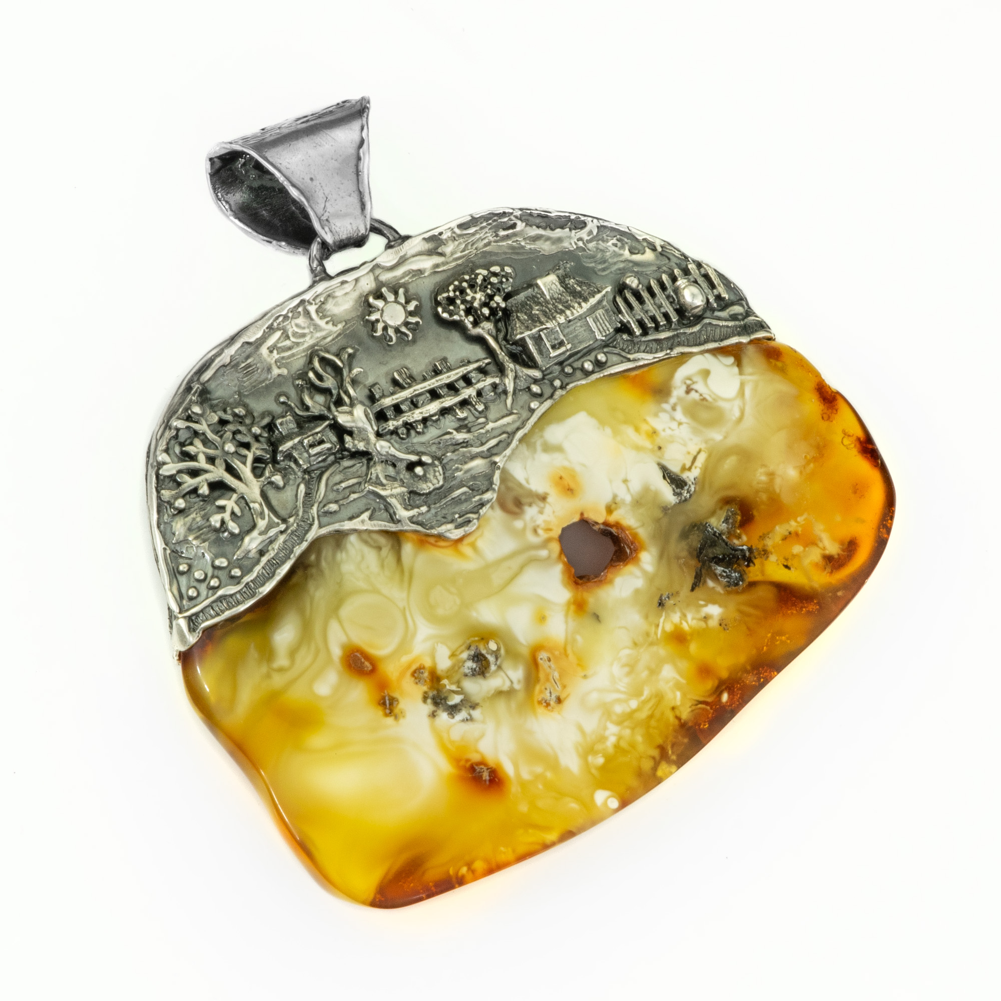 Natural Baltic Amber Pendant with Flowers and Houses 2